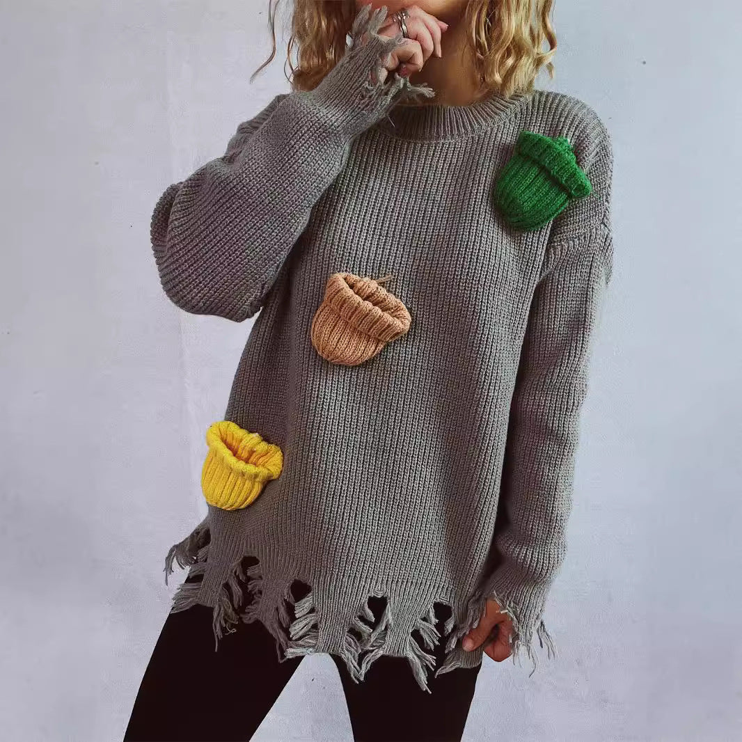 Damen lässiger Oversize-Pullover mit fransigen Details und bunten Applikationen Drune
