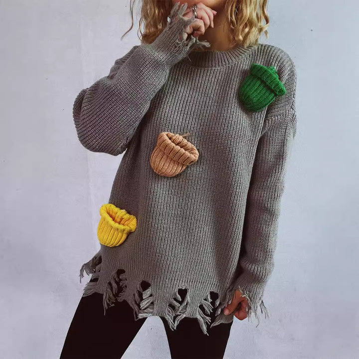 Damen lässiger Oversize-Pullover mit fransigen Details und bunten Applikationen Drune