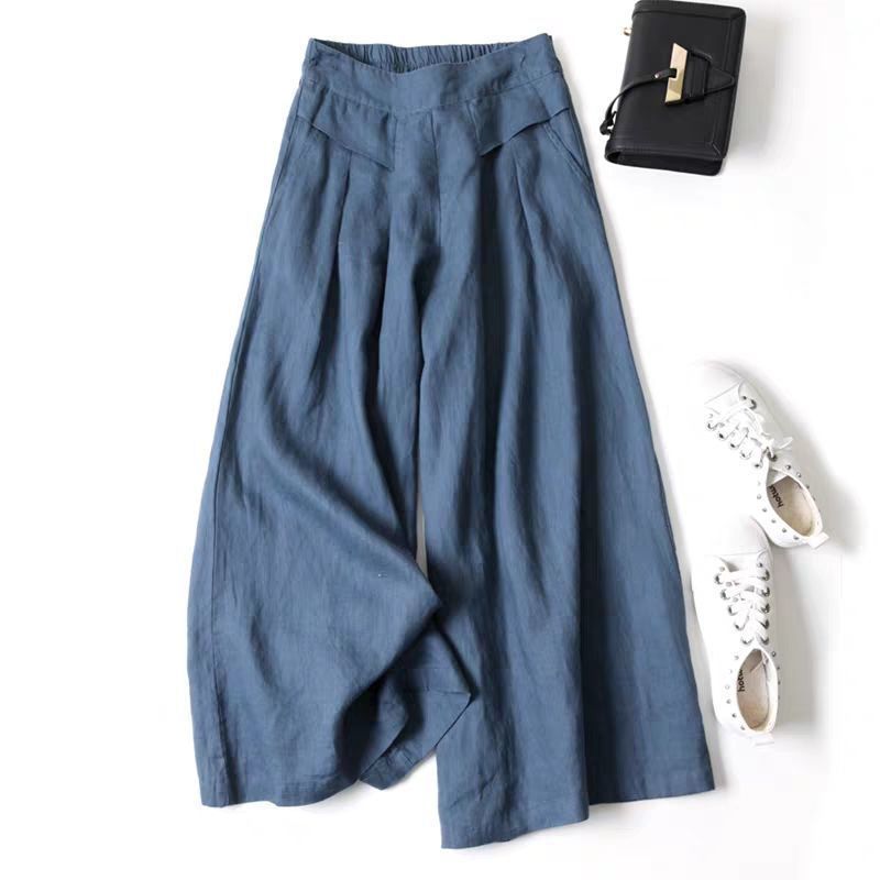 Damen Weit geschnittene Leinenhose mit hohem Bund und eleganten Falten Drune
