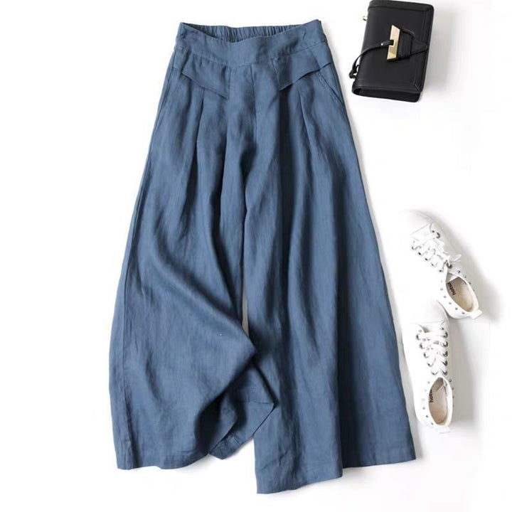Damen Weit geschnittene Leinenhose mit hohem Bund und eleganten Falten Drune