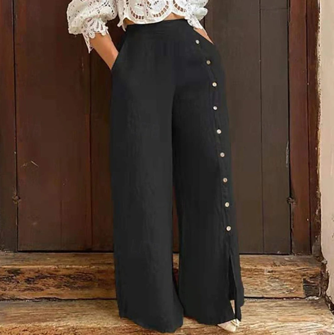 Damen weite Baumwollhose mit seitlichen Knopfdetails und eleganter Beinöffnung Drune