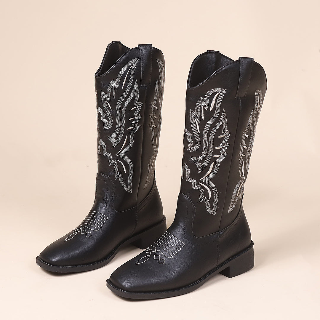 Damen Cowboystiefel mit mittelhohem Schaft, quadratischer Zehenpartie und dekorativer Stickerei Drune