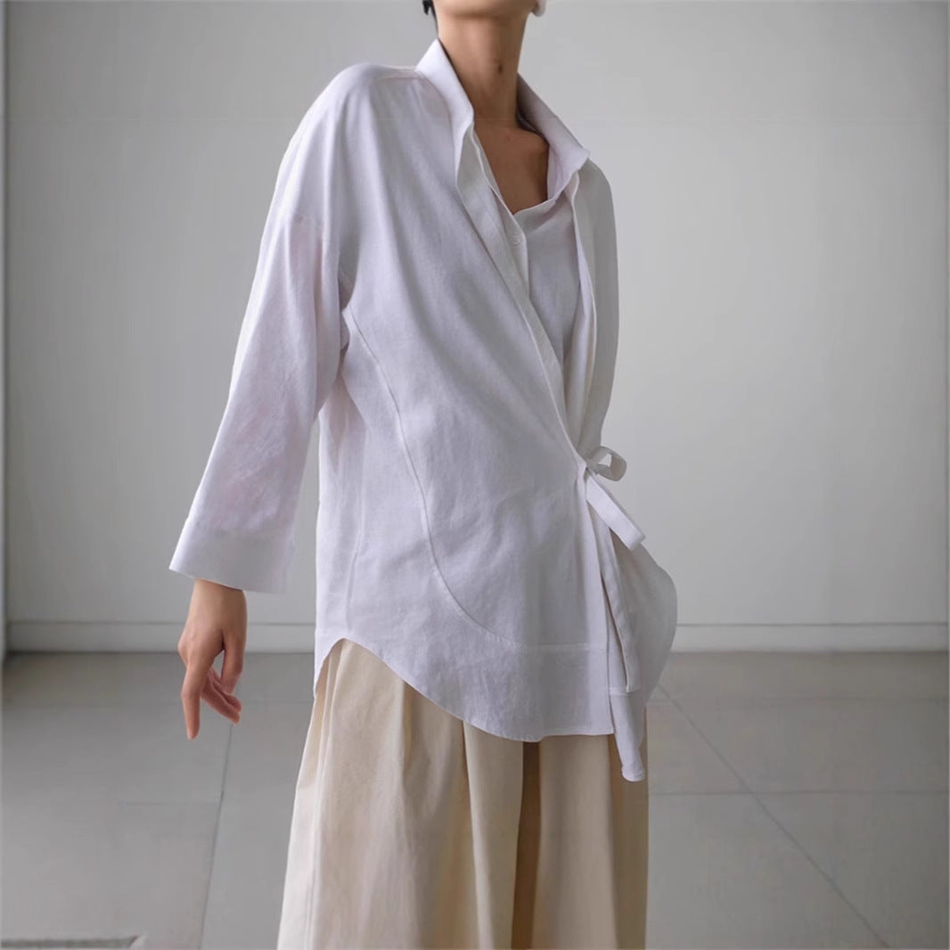 Damen Wickel-Langbluse aus Leinenmix mit Seitenschleife und Oversize-Schnitt Drune