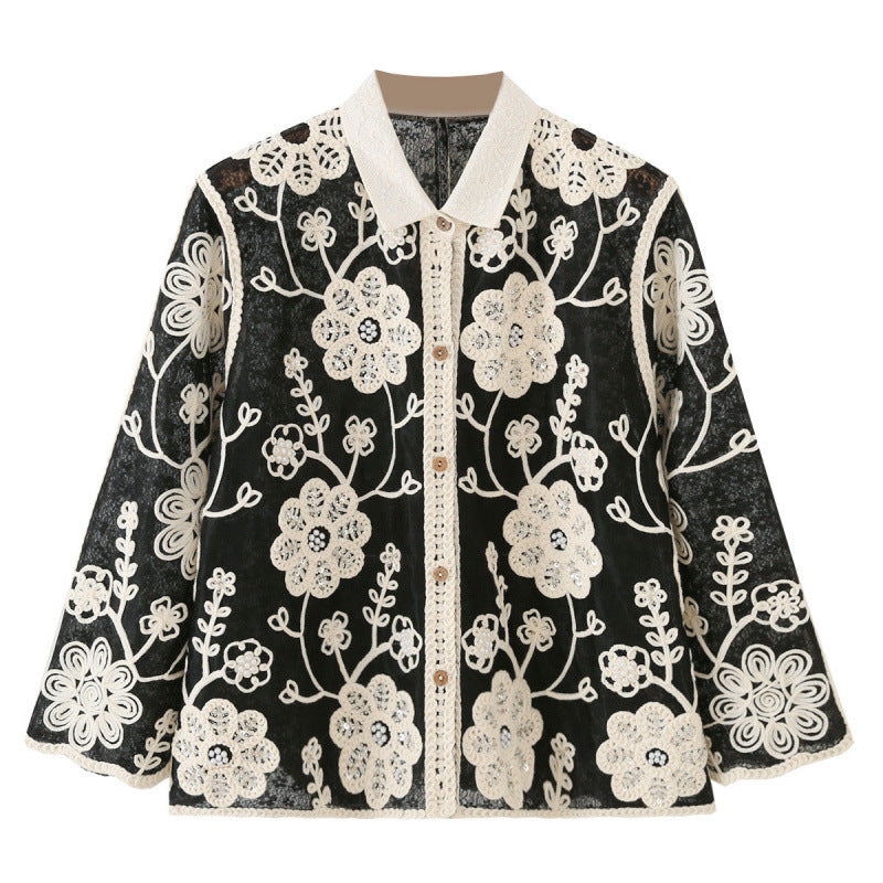 Damen Bestickte Häkeljacke mit Blumenapplikationen und Hemdkragen Drune