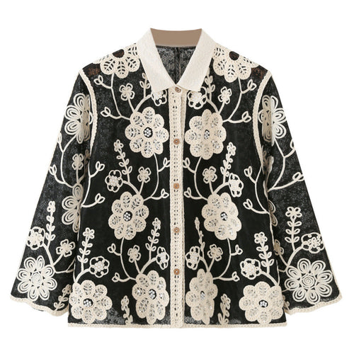 Damen Bestickte Häkeljacke mit Blumenapplikationen und Hemdkragen Drune