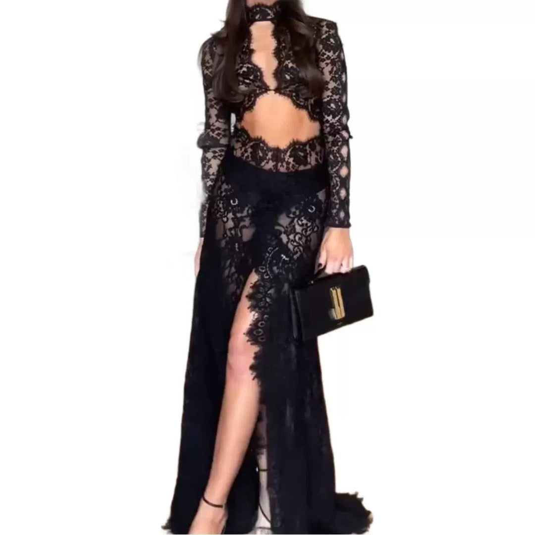 Damen Spitzenmaxikleid mit transparenten Akzenten und schwingendem Rock Drune