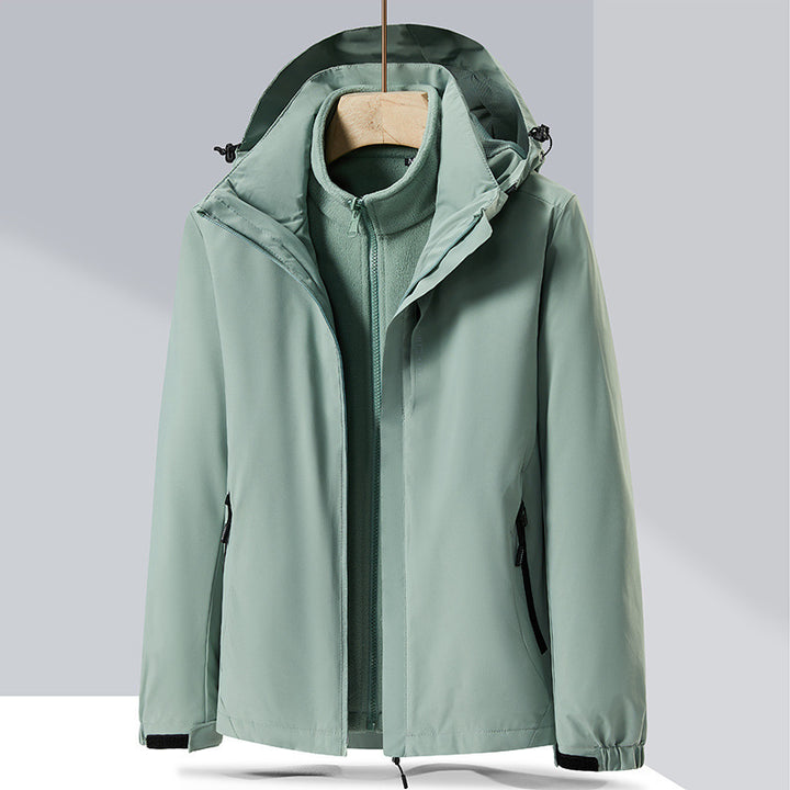 Herren zweilagige Softshell-Regenjacke mit abnehmbarem Fleece‑Innenlayer und verstellbarer Kapuze Drune