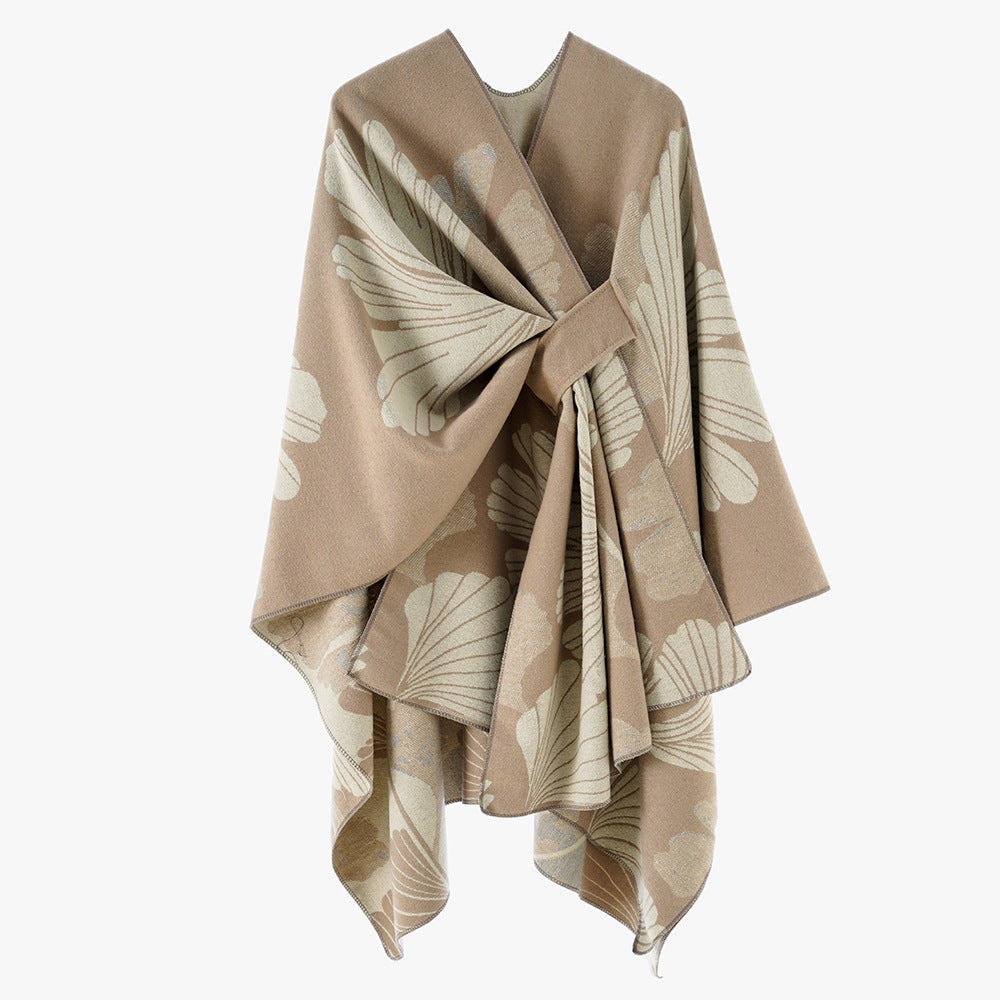 Damen Oversize-Jacquard-Cape aus Wollmix mit floralem Jacquard und Frontschlaufe Drune