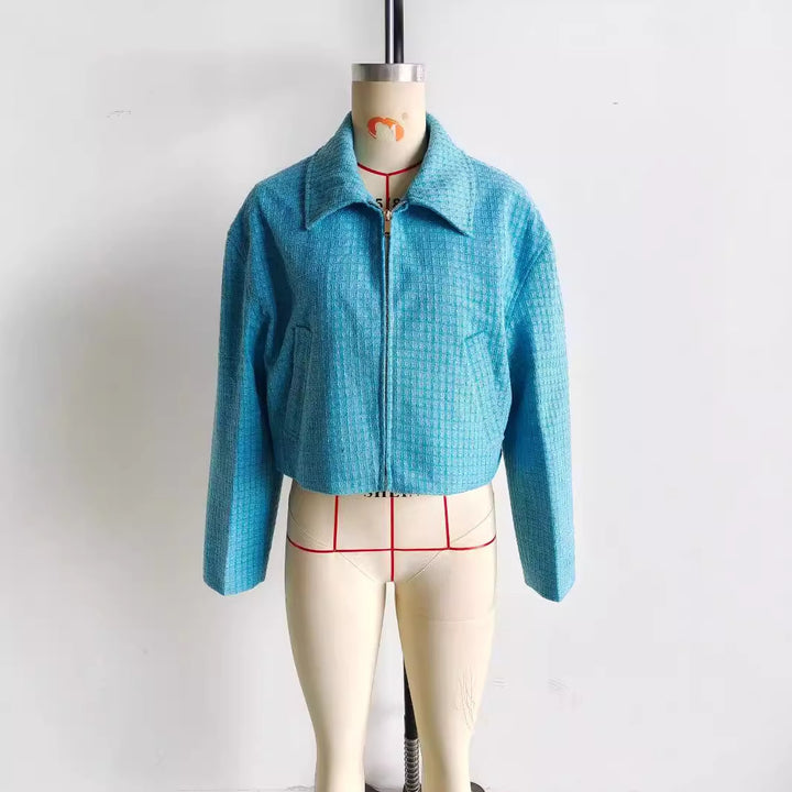 Damen nan Cropped Tweedjacke mit Hemdkragen, verdecktem Reißverschluss und Leistentaschen Drune