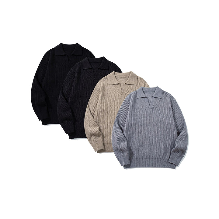 Herren Grobgestrickter Polokragen-Pullover mit V‑Ausschnitt und Rippenbündchen Drune