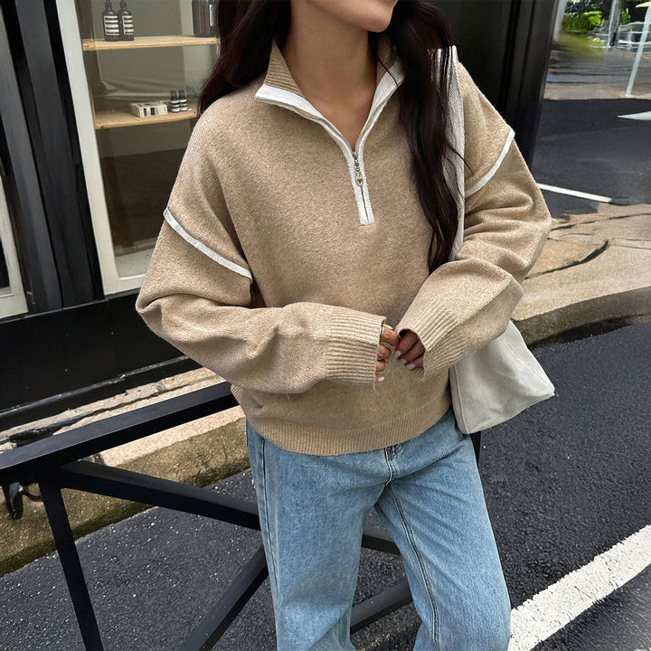 Damen Sportlicher Pullover mit halbem Reißverschluss und langen Ärmeln Drune