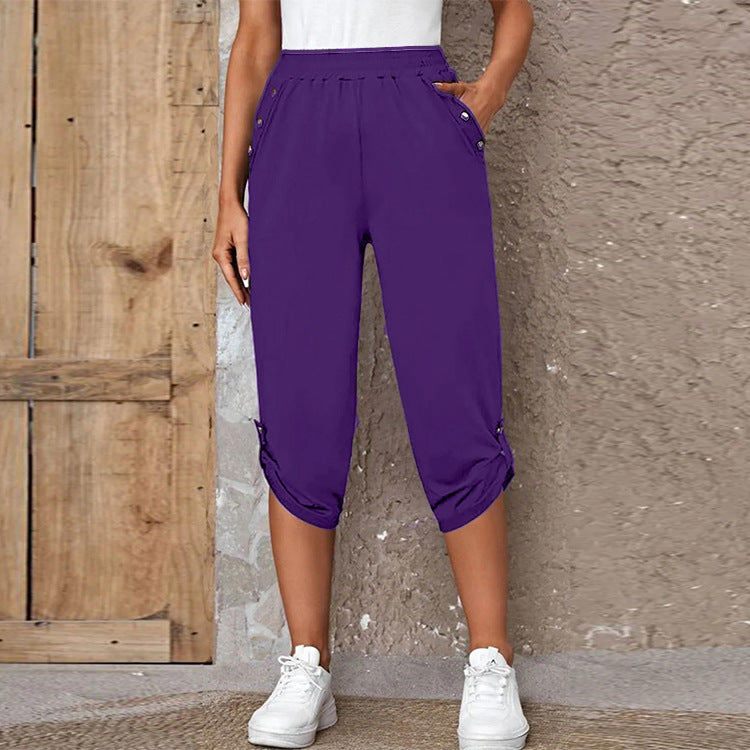 Damen sportliche Caprihose mit dekorativen Knopfdetails Drune