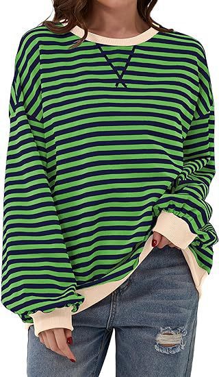 Damen Lässiges Oversize-Streifen-Sweatshirt mit Raglanärmeln und Kontrastbündchen Drune