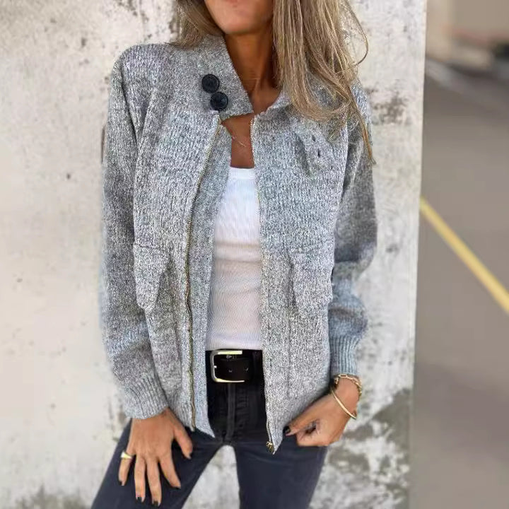 Damen weiche Strickjacke mit wärmeisolierendem Kragen und aufgesetzten Taschen Drune