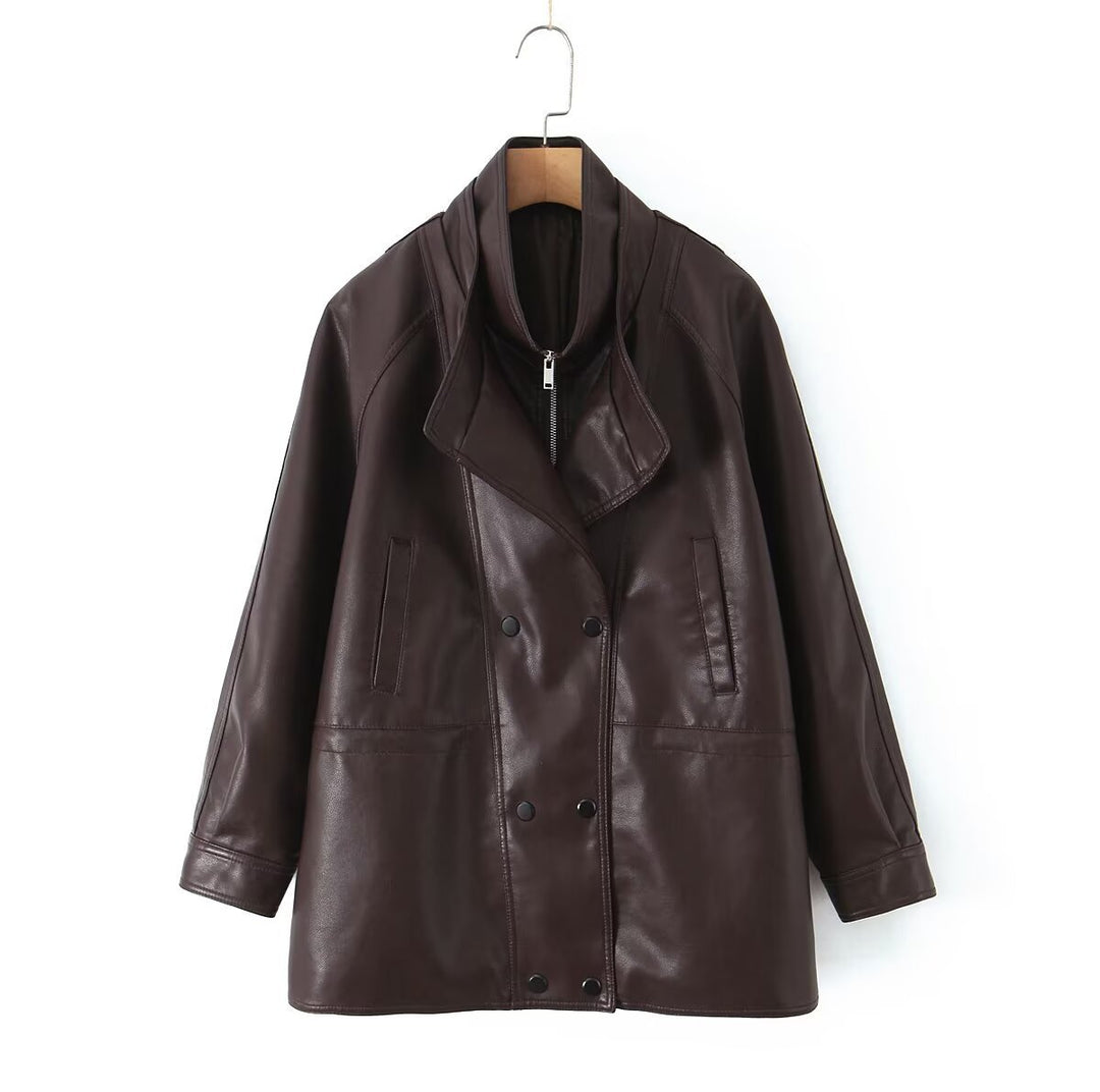 Damen Kunstlederjacke mit breitem Revers und praktischen Taschen Drune
