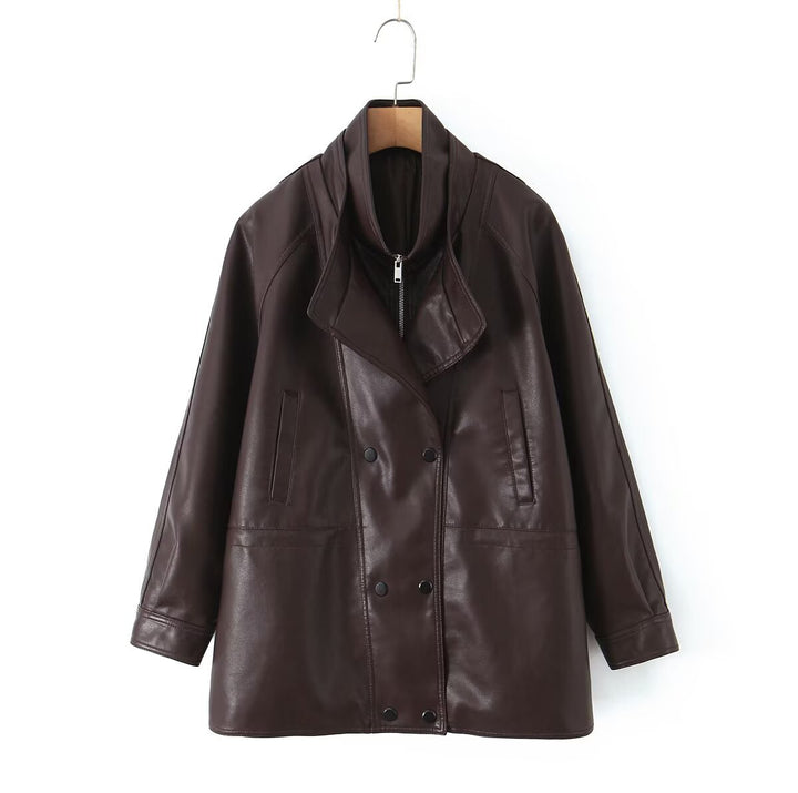 Damen Kunstlederjacke mit breitem Revers und praktischen Taschen Drune
