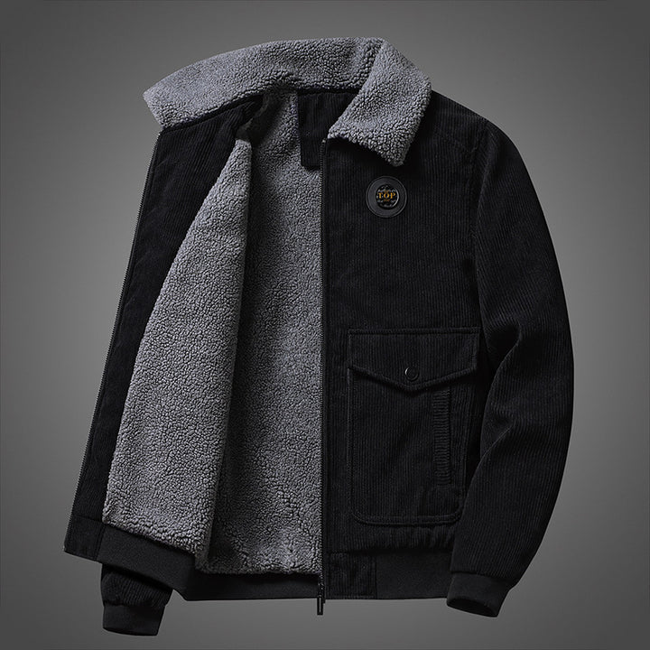 Herren Cord-Blouson mit durchgehendem Sherpa-Futter, Umlegekragen und Pattentaschen Drune