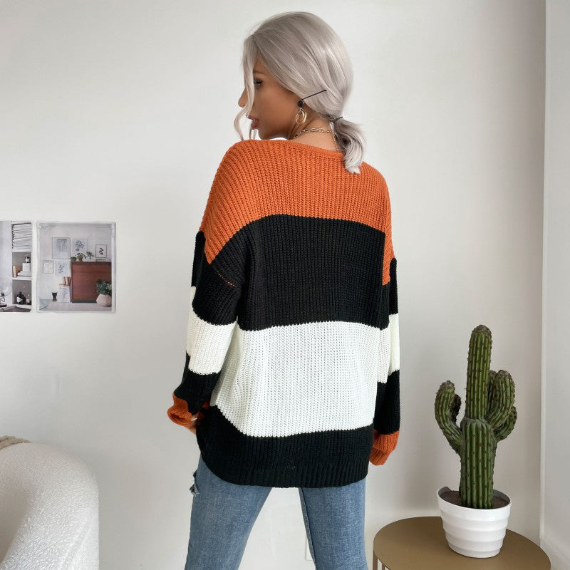 Damen Oversize Strickpullover mit schrägem Carmen-Ausschnitt und breiten Farbblöcken Drune