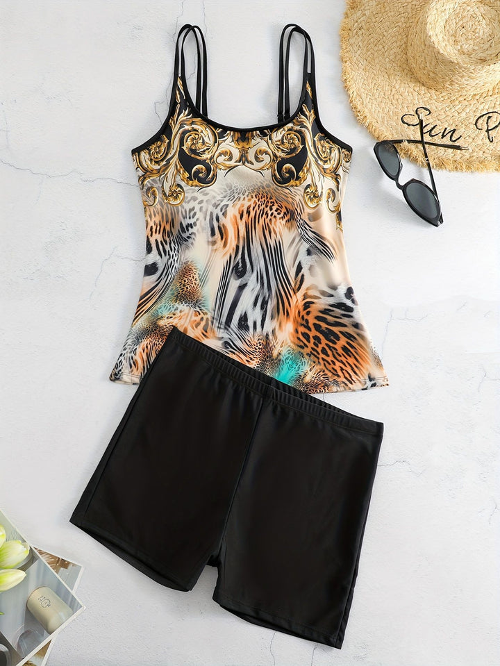 Damen Sportliches Tankini-Set mit modischem Animal-Print und Boxershorts Drune