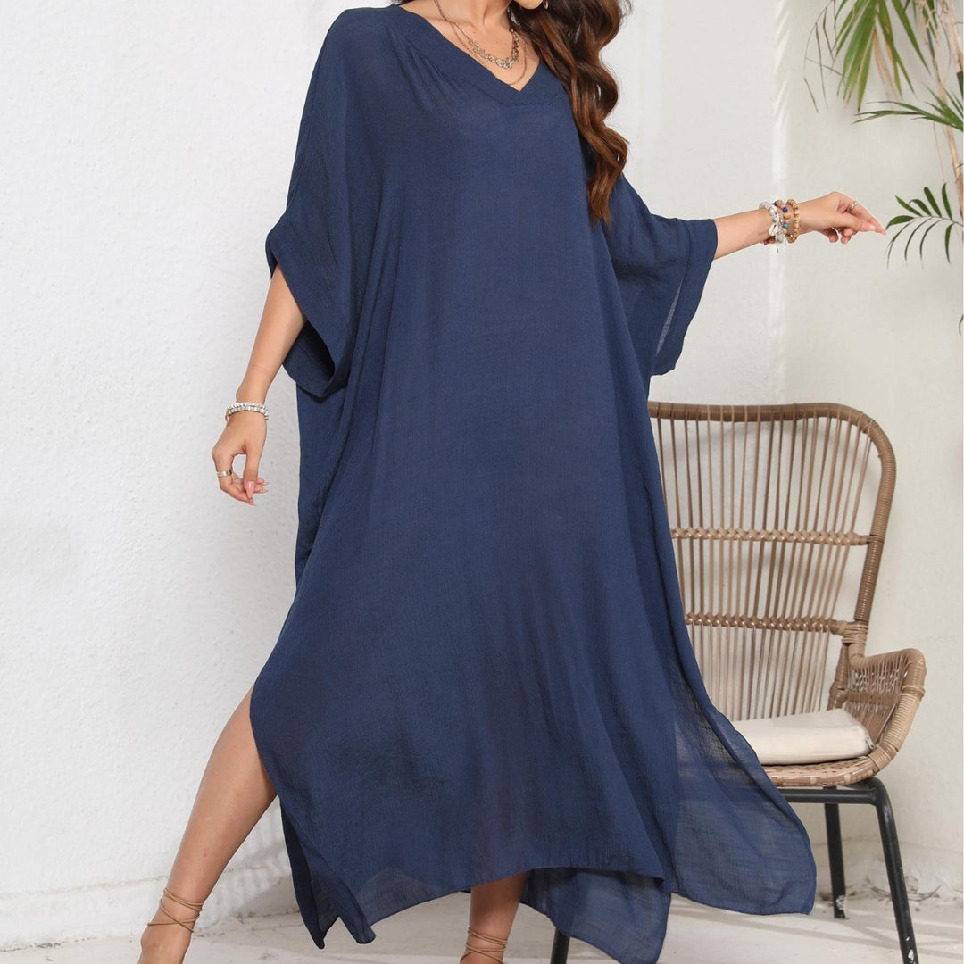 Damen luftiges Sommer-Kleid mit V-Ausschnitt und asymmetrischem Saum Drune