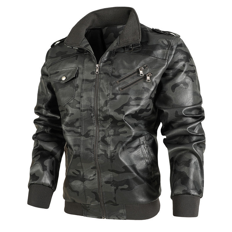 Herren Camouflage Kunstleder-Bomberjacke mit Reißverschluss-Brusttaschen und Rippbündchen Drune