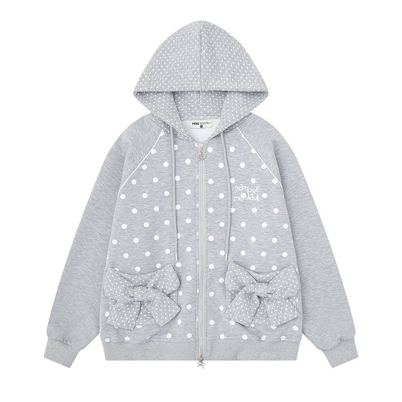 Damen Gepunktete Zip-Kapuzenjacke mit Schleifen-Taschen und Raglanärmeln Drune