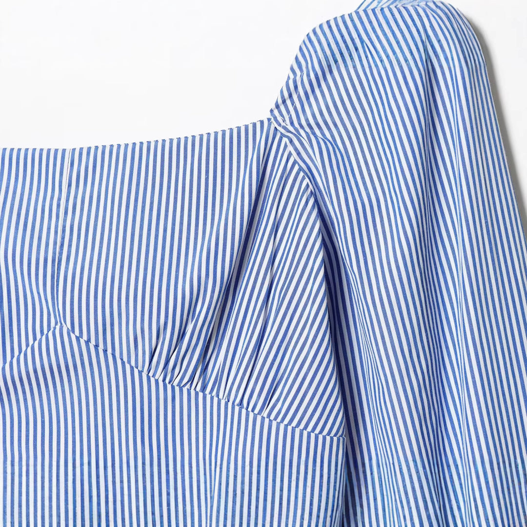 Damen Gestreifte Cropped‑Bluse mit quadratischem Ausschnitt und weiten Ballonärmeln Drune