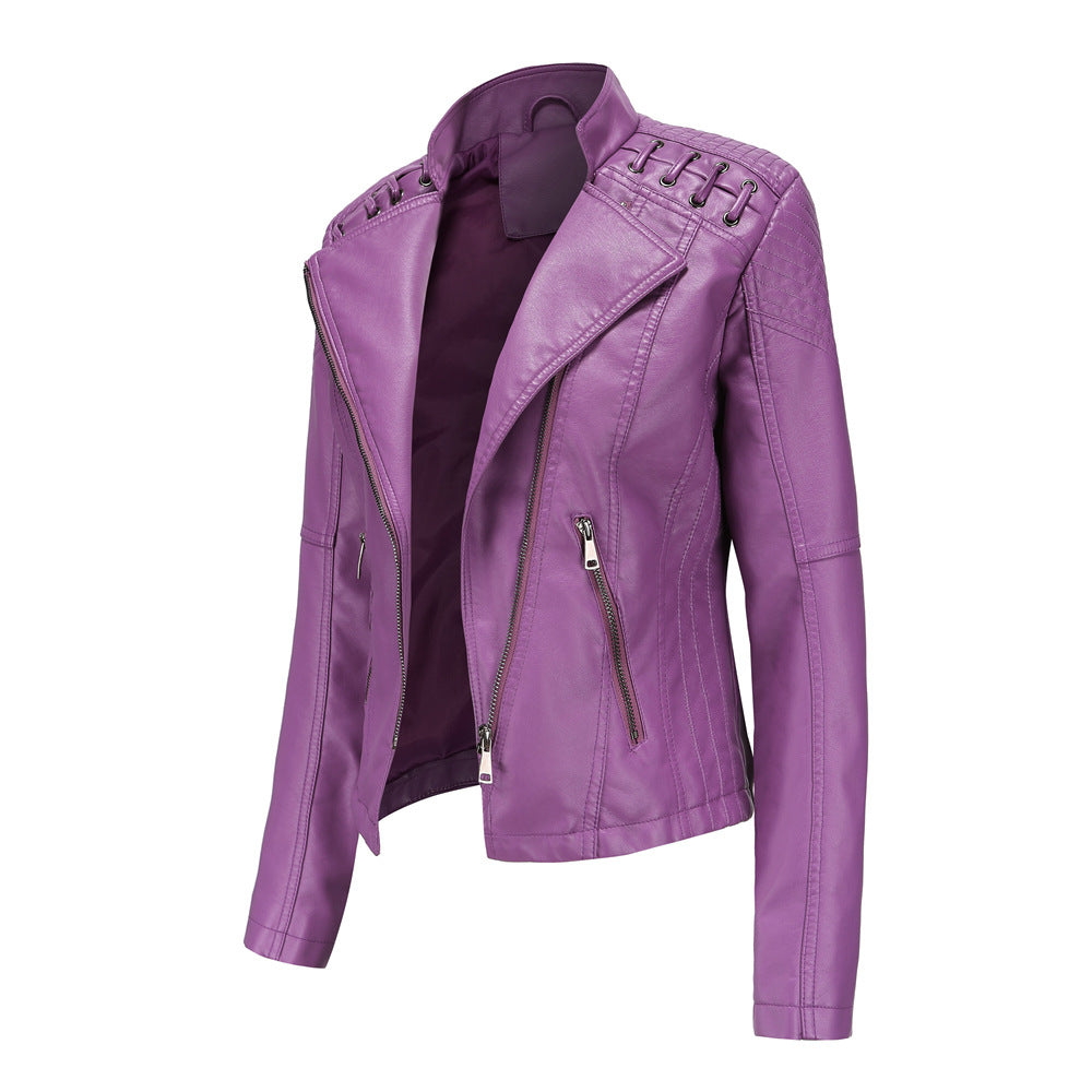 Damen nan taillierte Kunstleder-Bikerjacke mit gesteppter Schulterpartie, asymmetrischem Reißverschluss und Zierösen Drune