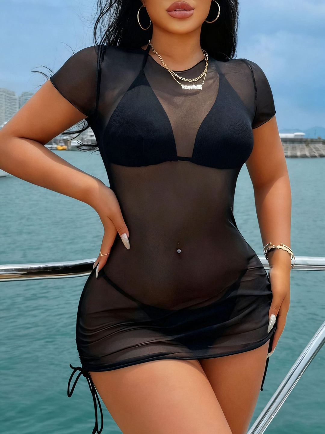 Damen transparenter Badedress mit kurzen Ärmeln Drune