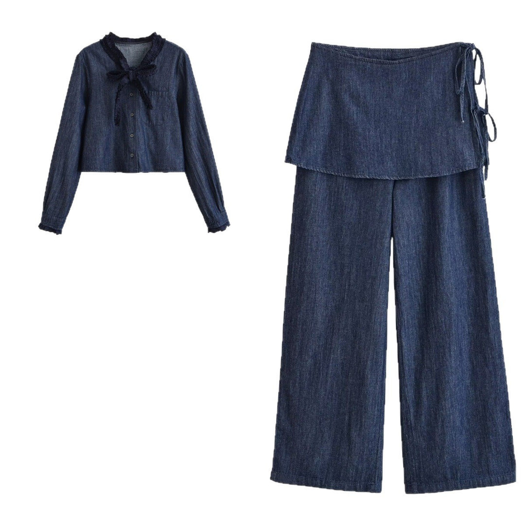 Damen Weite Denim-Hose mit Wickelrock-Overlay und Bindebändern Drune
