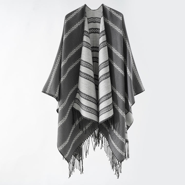 Damen Langer Webponcho im Cape-Stil mit Streifen-Jacquard und Fransen Drune