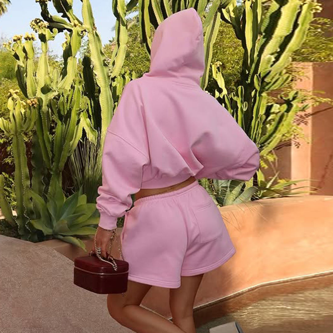 Damen nan kurzes Kapuzen-Hoodie und Drawstring-Shorts Lounge-Set mit durchgehendem Reißverschluss und taillenhohem Bindebund Drune