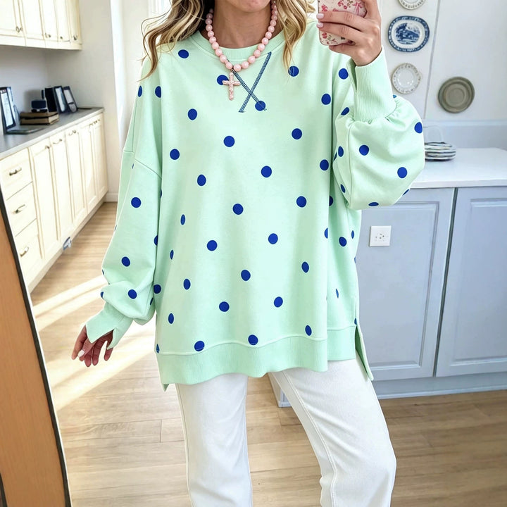 Damen Oversize-Sweatshirt mit Puffärmeln, Polka-Dots und Seitenschlitzen Drune