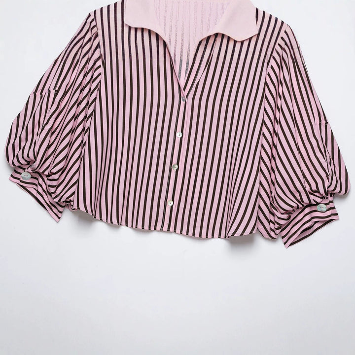 Damen Gestreifte Oversize-Bluse mit Ballonärmeln und durchgehender Knopfleiste Drune