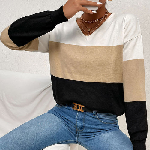 Damen Eleganter V‑Ausschnitt Feinstrickpullover mit breiten Blockstreifen Drune