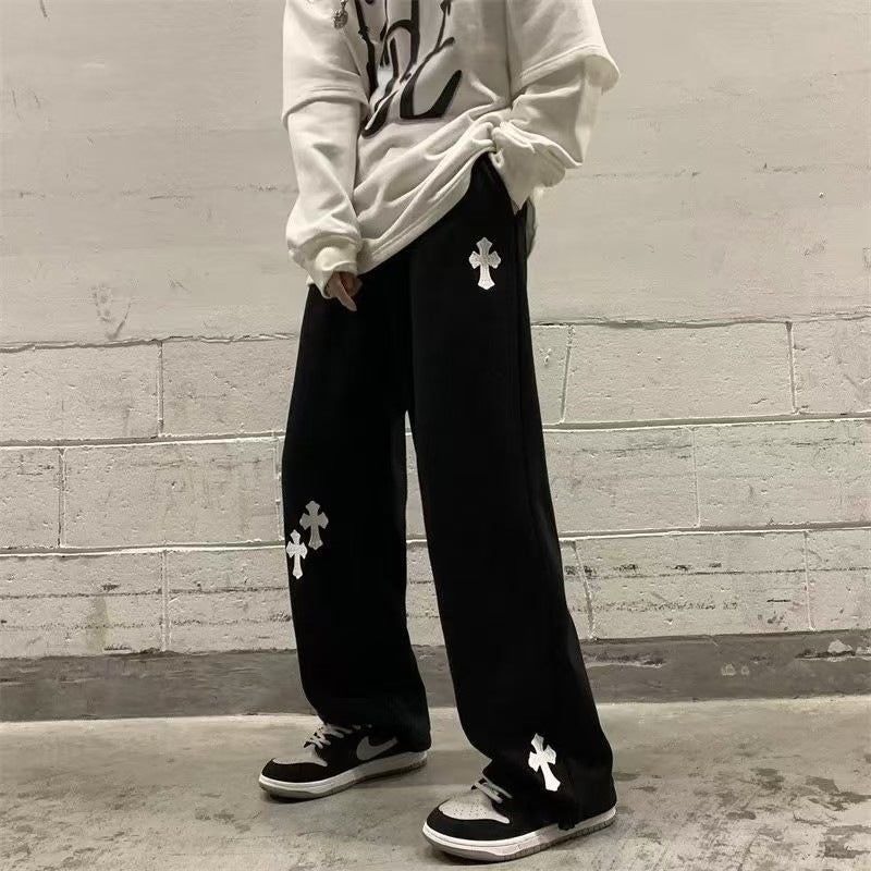 Herren Weite Sweatpants mit Gothic-Kreuz-Print, Tunnelzug & Tiefer Schritt Drune
