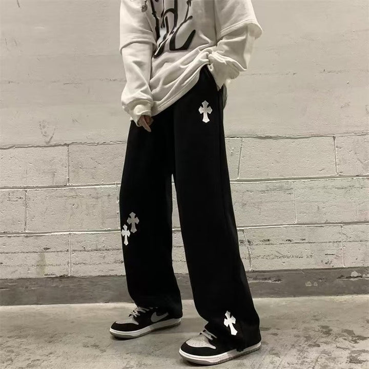Herren Weite Sweatpants mit Gothic-Kreuz-Print, Tunnelzug & Tiefer Schritt Drune