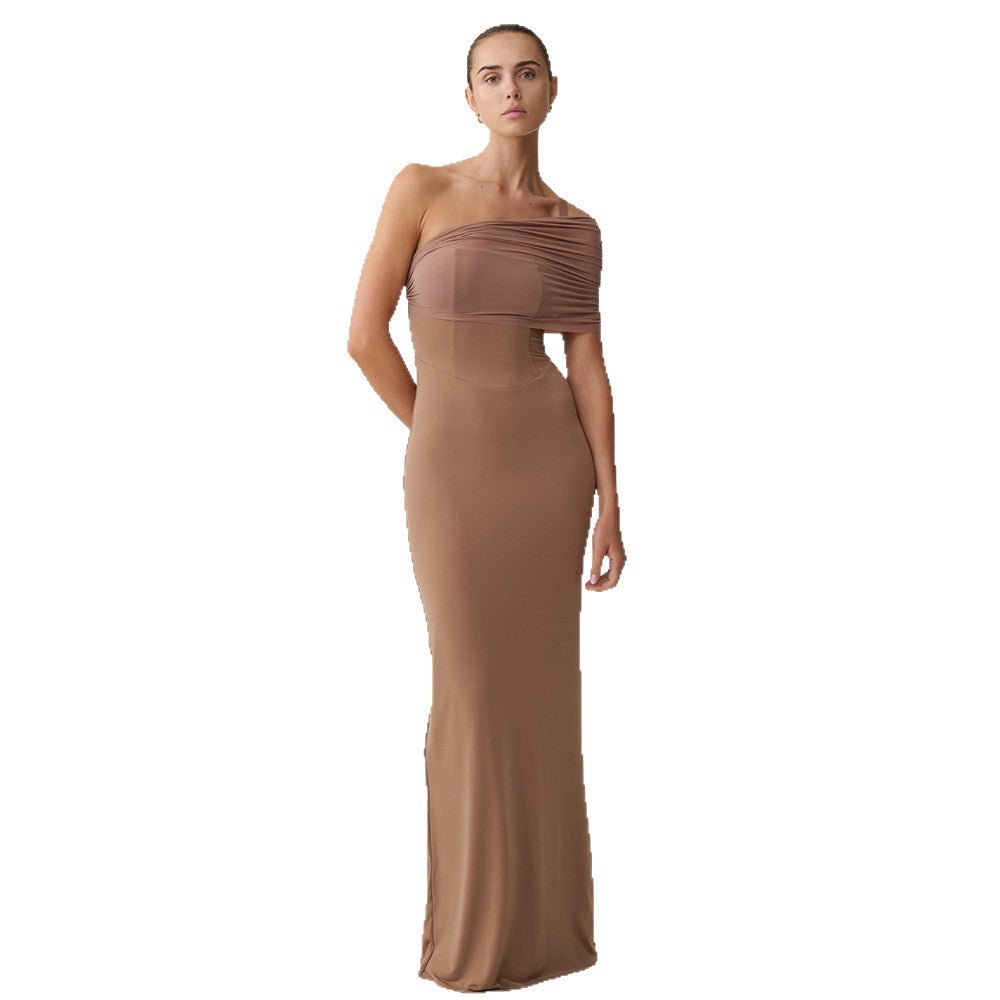 Damen Elegantes und figurbetontes Maxikleid mit einem Schulterdesign und sanften Raffungseffekten Drune