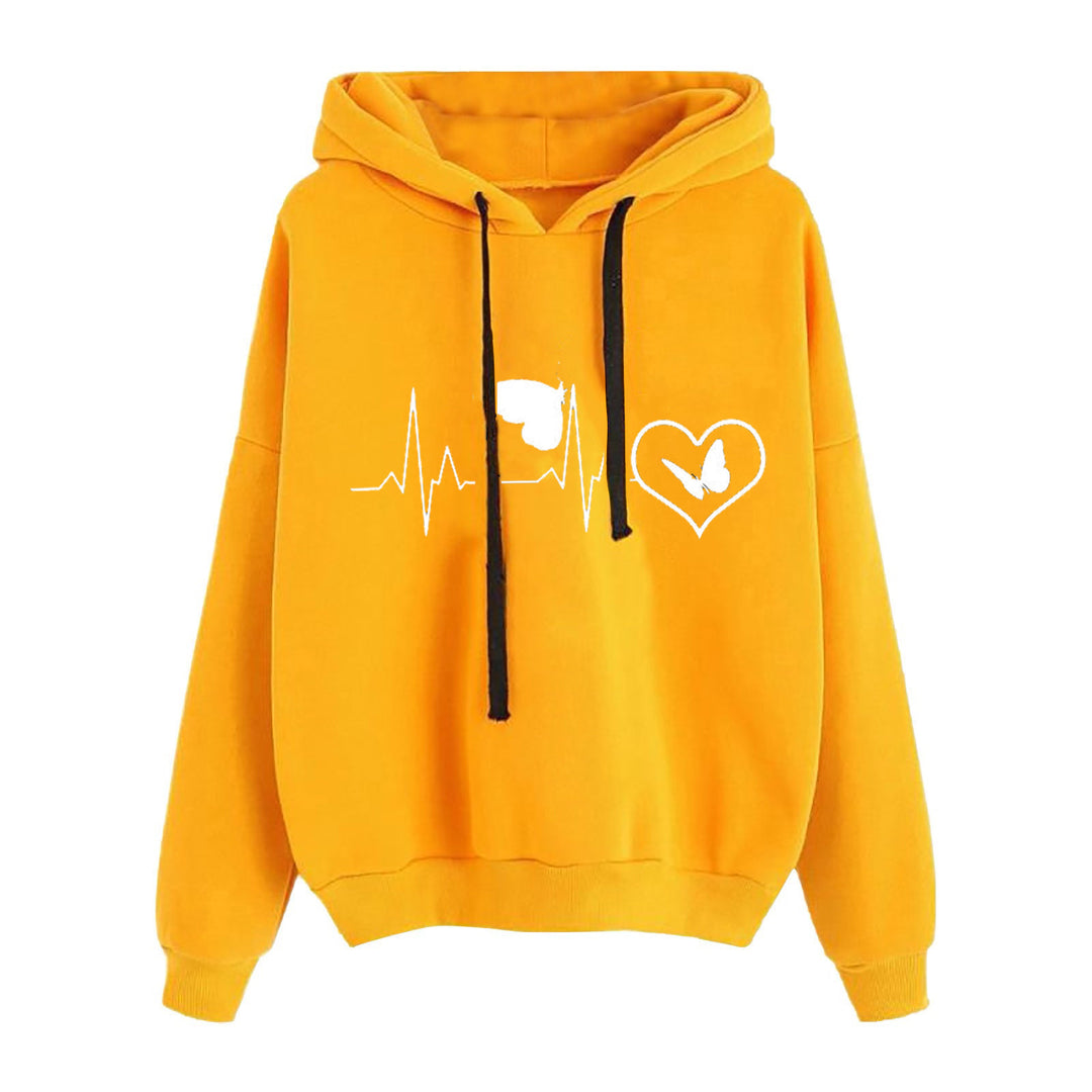 Damen nan leichter Oversize Kapuzenpullover mit Herz‑EKG‑Motiv, langen Kordeln und elastischem Bund Drune