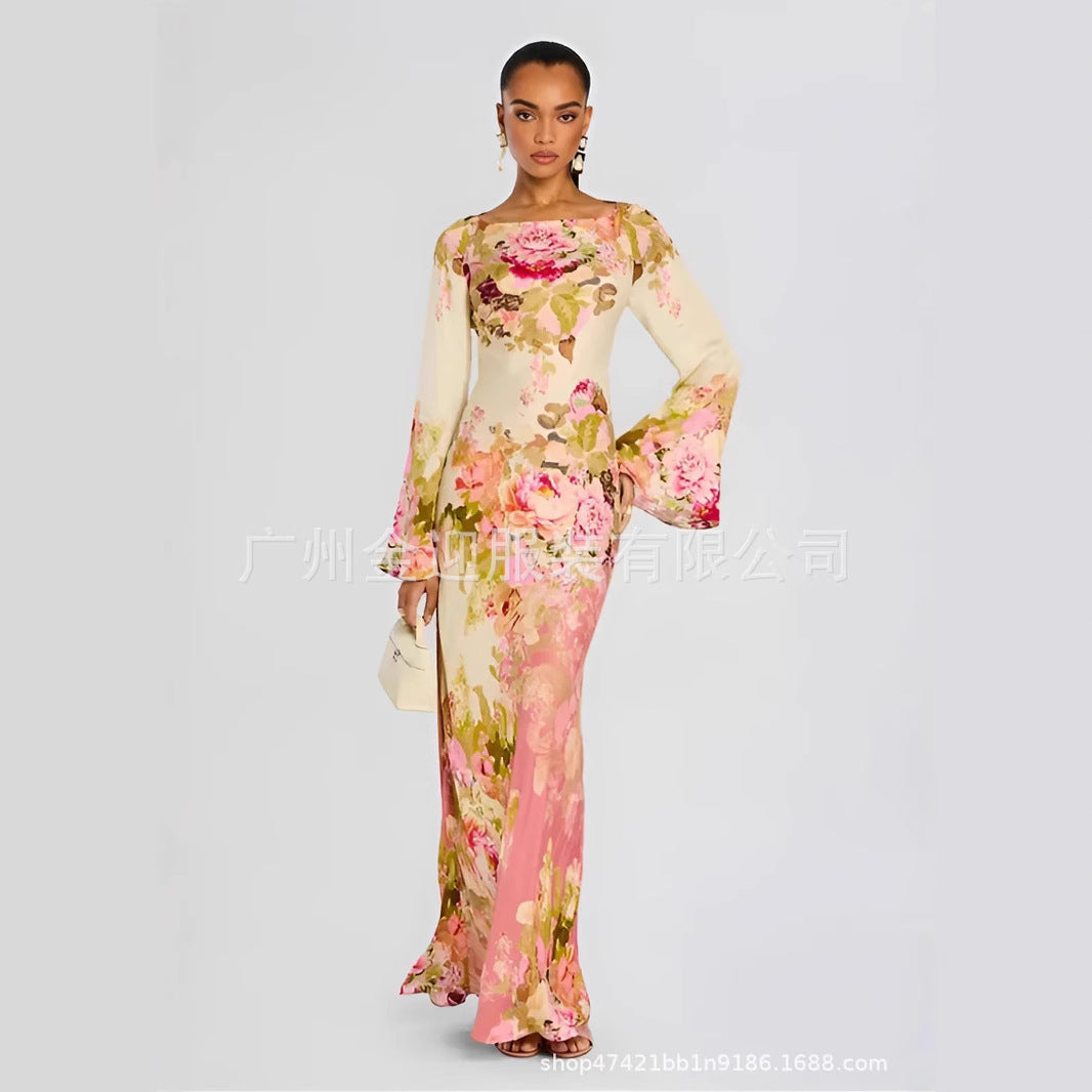 Frauen langen Abendkleid mit Trompetenärmeln und floralem Muster Drune