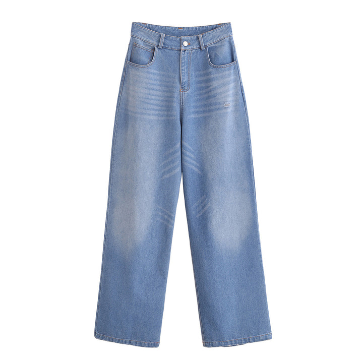 Damen High-Waist-Jeanshose mit weitem Bein, geradem Saum und dezenter Used‑Optik Drune