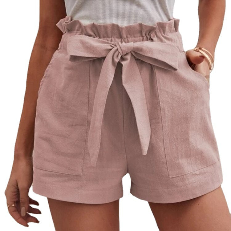 Damen Leichte Shorts mit dekorativem Bindegürtel und elastischem Bund Drune