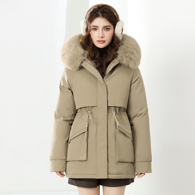 Damen Modische Winterjacke mit abnehmbarer Kapuze und hochwertigem Kunstfell Drune