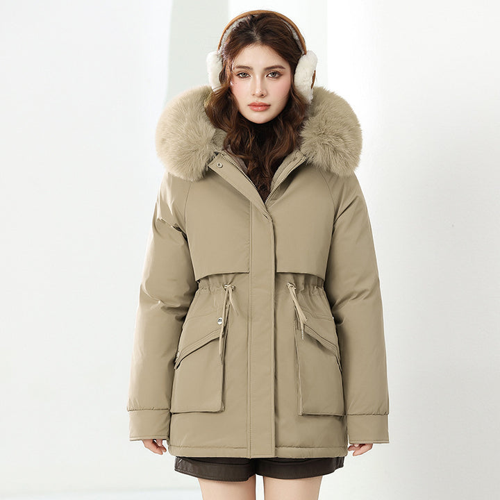 Damen Modische Winterjacke mit abnehmbarer Kapuze und hochwertigem Kunstfell Drune