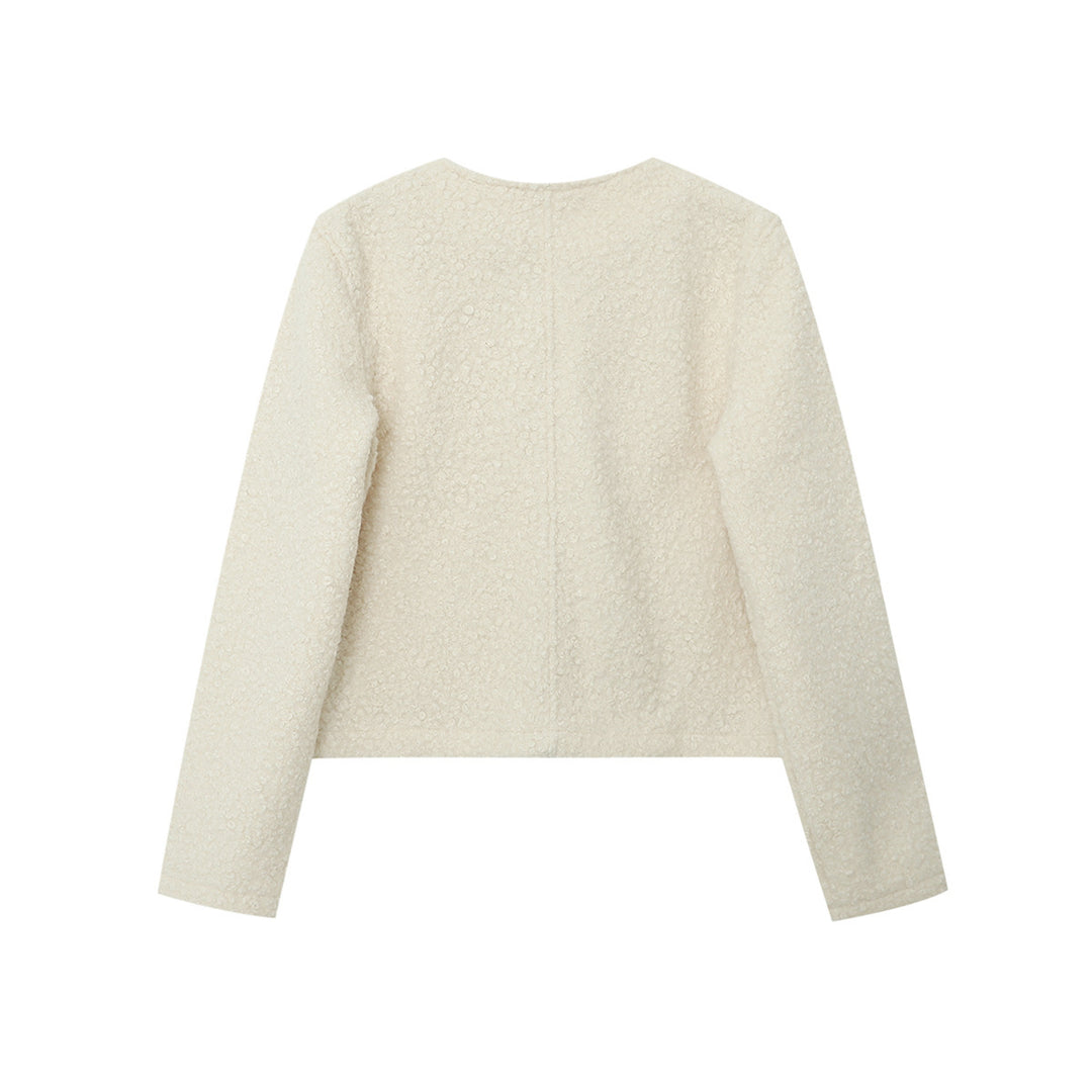 Damen nan Cropped Boucléjacke mit Rundhalsausschnitt, aufgesetzten Pattentaschen und glitzernden Zierknöpfen Drune