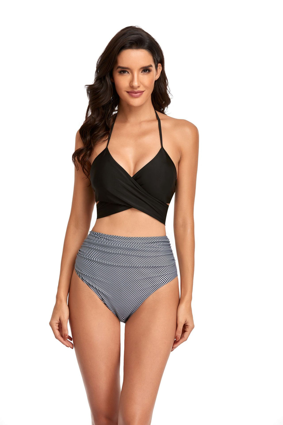 Damen Hochgeschnittener Bikini mit Wickeloberteil und floralen Mustern Drune