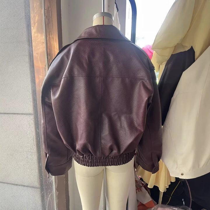 Damen nan cropped zweireihiger Kunstleder-Blouson mit breitem Revers und elastischem Saum Drune