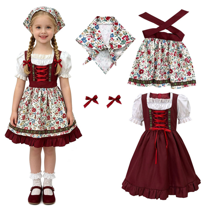 Damen nan traditionelles Kinderdirndl-Set mit bestickter Schürze, Rüschenbluse und Halstuch Drune