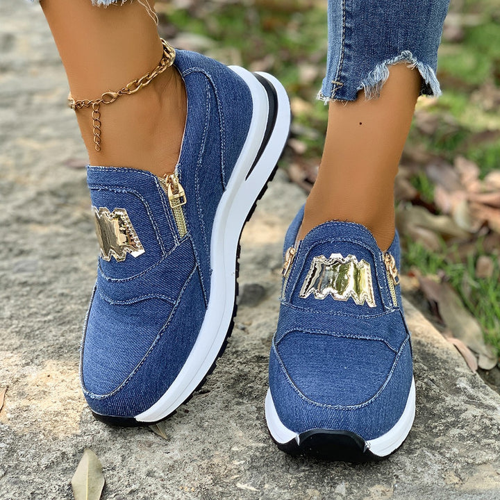 Damen Plateau-Slipper-Sneaker aus Veloursimitat mit seitlichem Zier-Reißverschluss und metallischer Applikation Drune