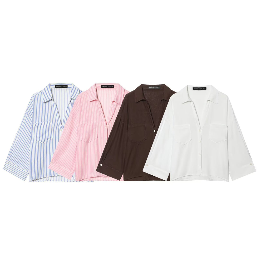 Damen Oversized Hemdbluse aus leichter Baumwollmischung mit Streifenmuster und dreiviertelärmeln Drune